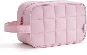 Narwey Puffy Travel Toiletry Bag for Traveling Women Girl, Travel Bag for Toiletries, Cute Makeup Bag Cosmetic Bag Organizer, Quilted Make Up Skincare Medicine Bags (Pink)