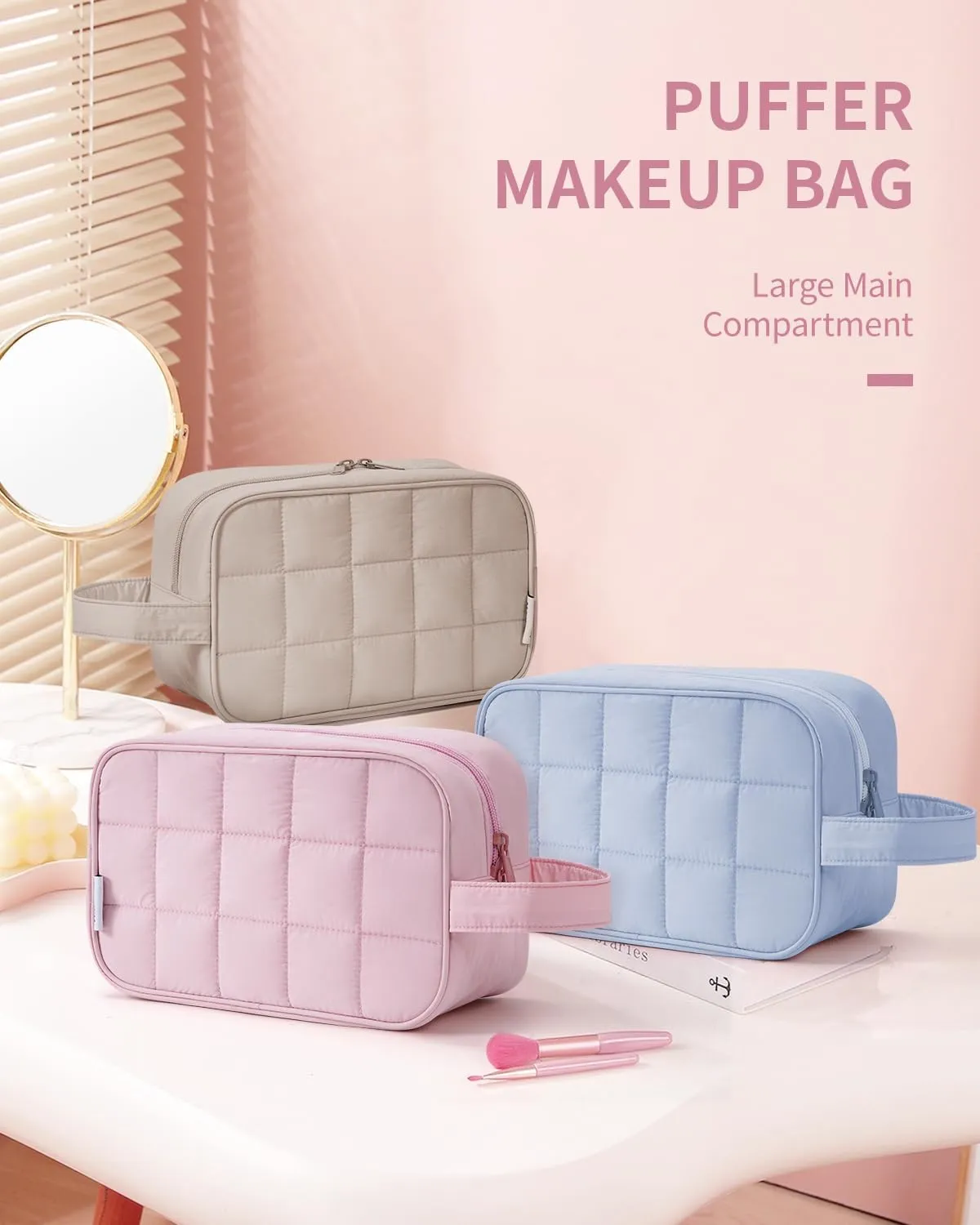 Narwey Puffy Travel Toiletry Bag for Traveling Women Girl, Travel Bag for Toiletries, Cute Makeup Bag Cosmetic Bag Organizer, Quilted Make Up Skincare Medicine Bags (Pink)