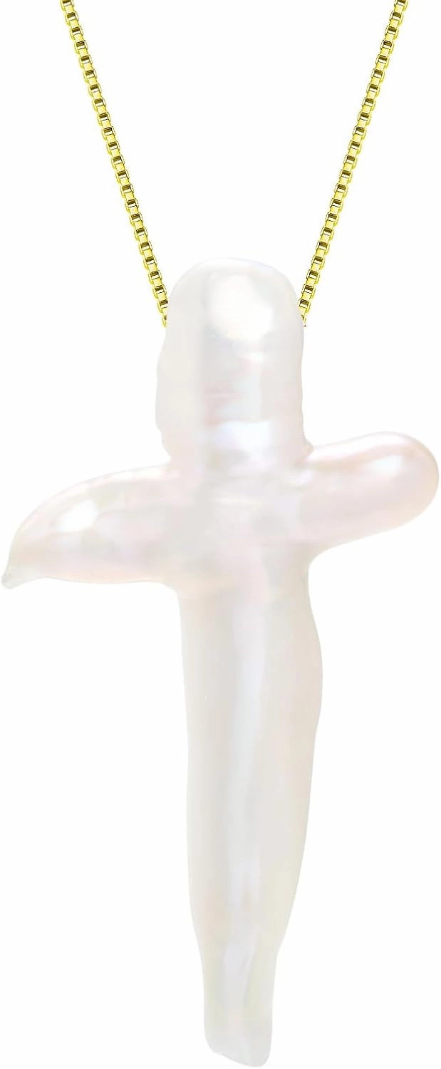 Natural Chunky White Baroque Freshwater Pearls Cross Necklace, with Detachable Shiny Thin Boxes Chain 925 Sterling Silver (Each Appearance Is Unique)