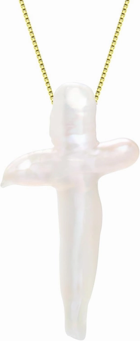 Natural Chunky White Baroque Freshwater Pearls Cross Necklace, with Detachable Shiny Thin Boxes Chain 925 Sterling Silver (Each Appearance Is Unique)