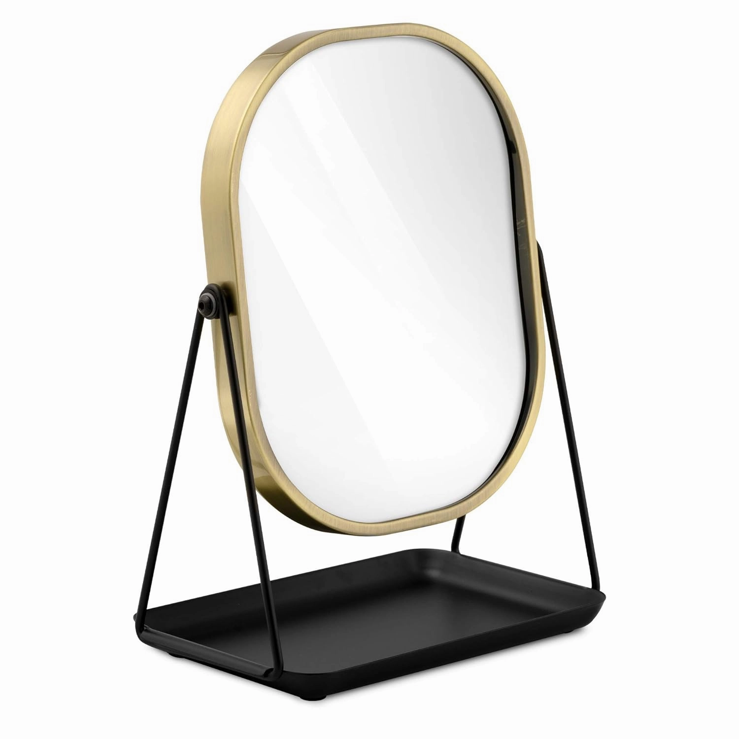 Navaris Magnifying Table Top Mirror - Double-Sided 1x/3x Magnification Vanity Makeup Mirror with Tray - for Bathroom, Bedroom, Desk - Black and Gold