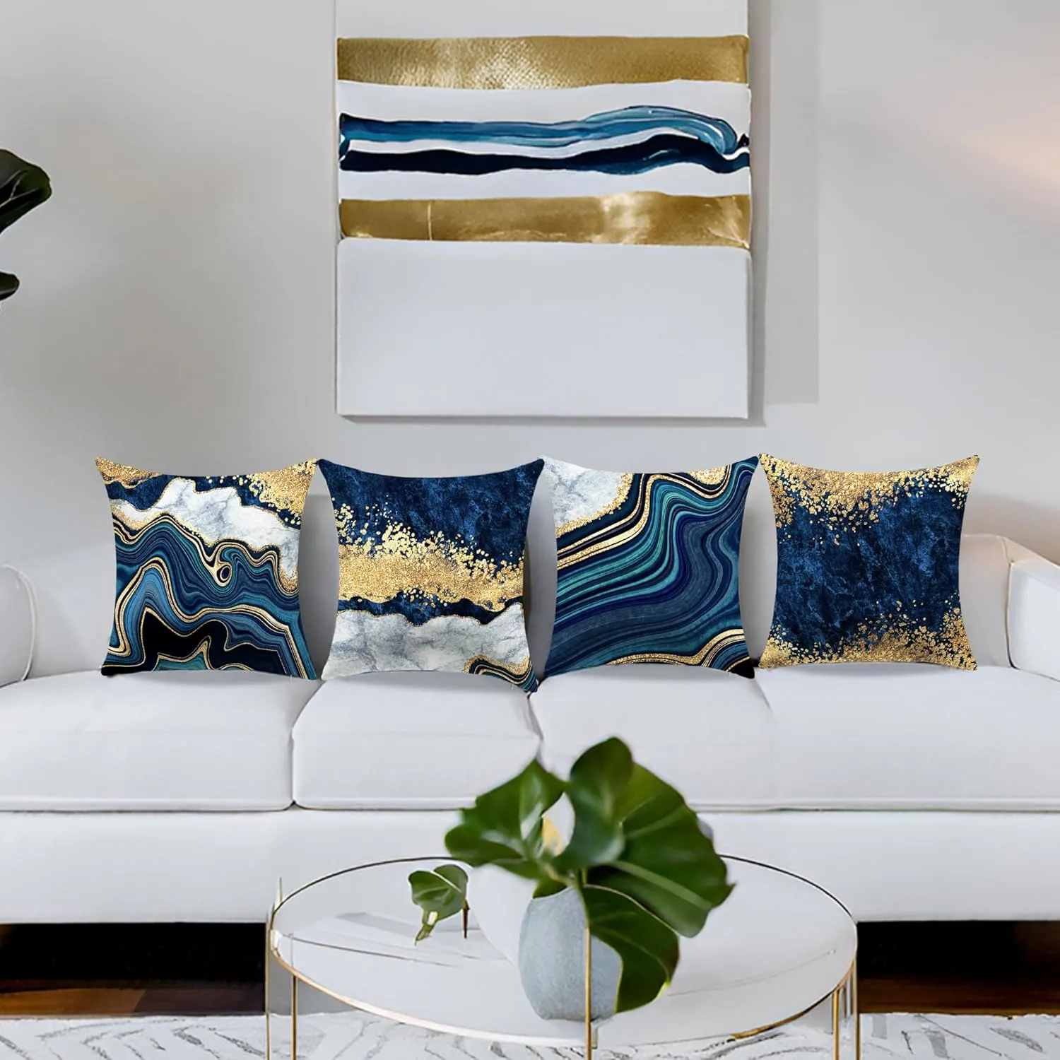 Navy Blue and Gold Throw Pillow Covers Set of 4 Decorative Pillows Covers 18 x 18 inch Blue and Gold Pillows Cushion Covers for Living Room Decor Sofa Couch Pillow Cases