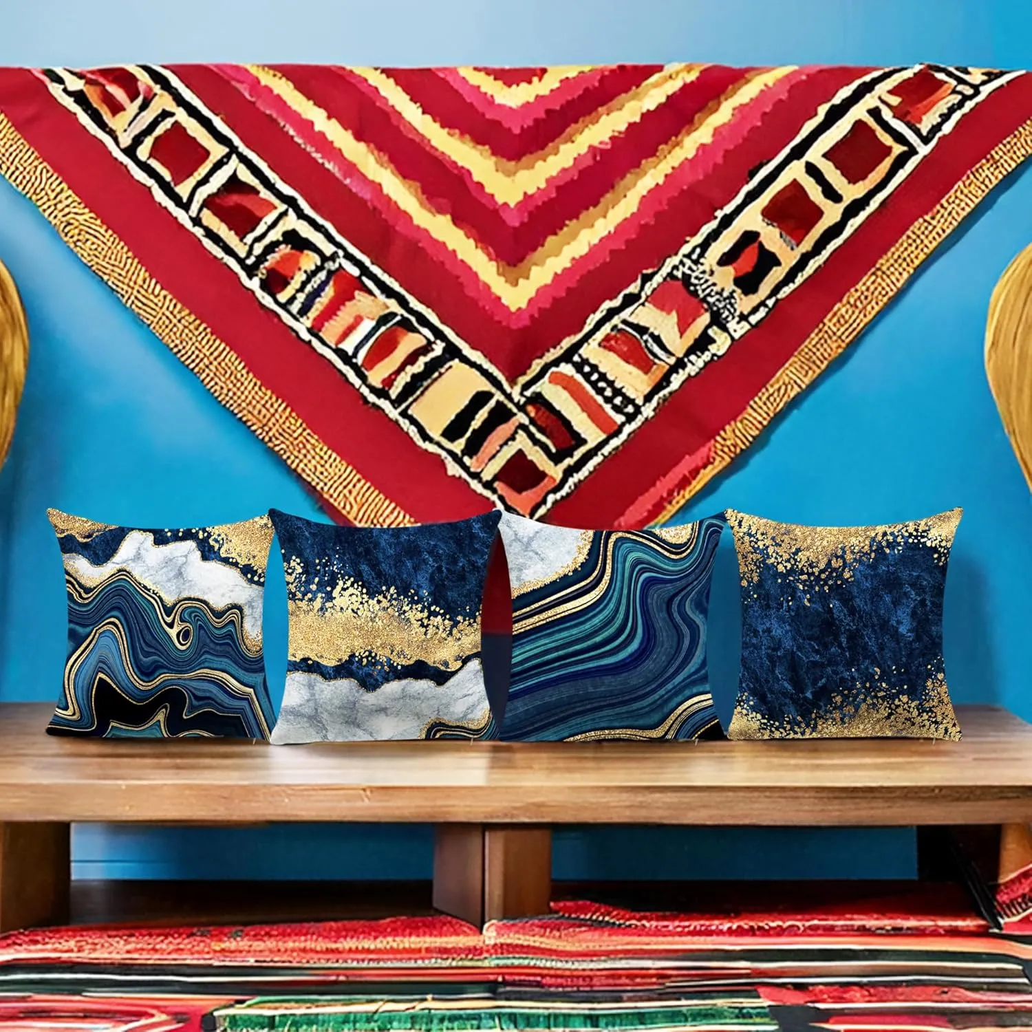 Navy Blue and Gold Throw Pillow Covers Set of 4 Decorative Pillows Covers 18 x 18 inch Blue and Gold Pillows Cushion Covers for Living Room Decor Sofa Couch Pillow Cases
