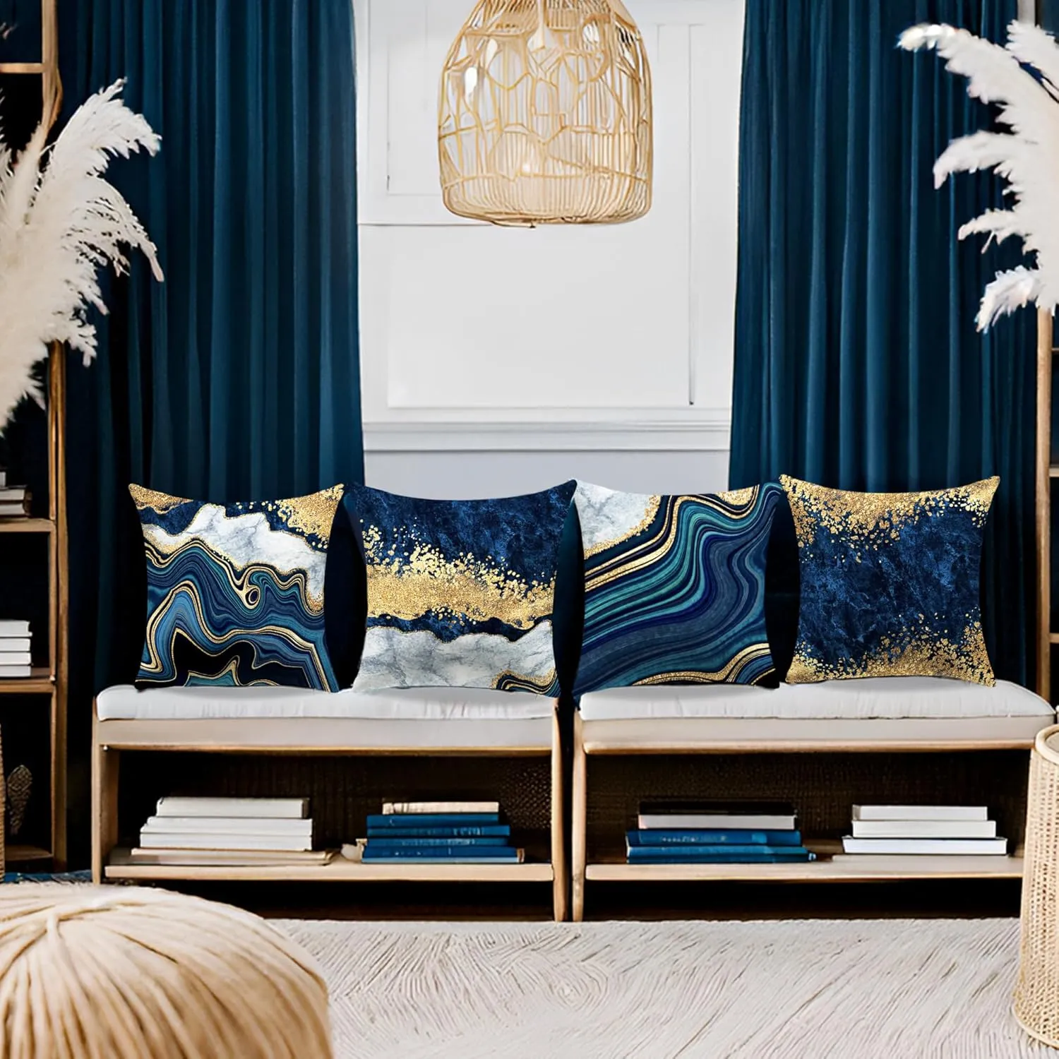 Navy Blue and Gold Throw Pillow Covers Set of 4 Decorative Pillows Covers 18 x 18 inch Blue and Gold Pillows Cushion Covers for Living Room Decor Sofa Couch Pillow Cases