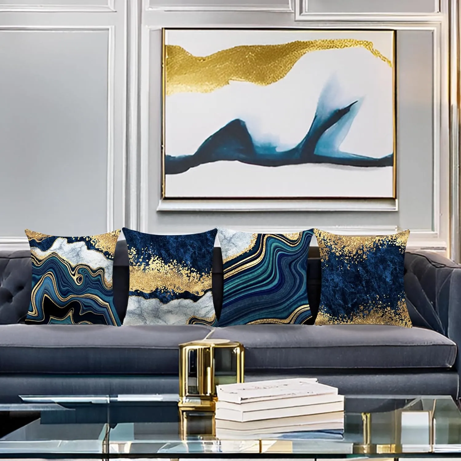 Navy Blue and Gold Throw Pillow Covers Set of 4 Decorative Pillows Covers 18 x 18 inch Blue and Gold Pillows Cushion Covers for Living Room Decor Sofa Couch Pillow Cases