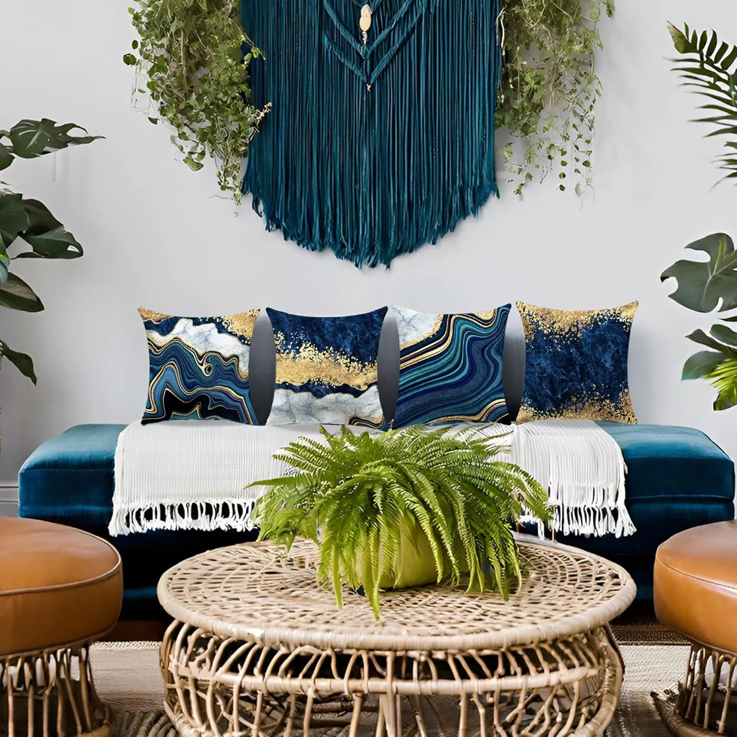 Navy Blue and Gold Throw Pillow Covers Set of 4 Decorative Pillows Covers 18 x 18 inch Blue and Gold Pillows Cushion Covers for Living Room Decor Sofa Couch Pillow Cases