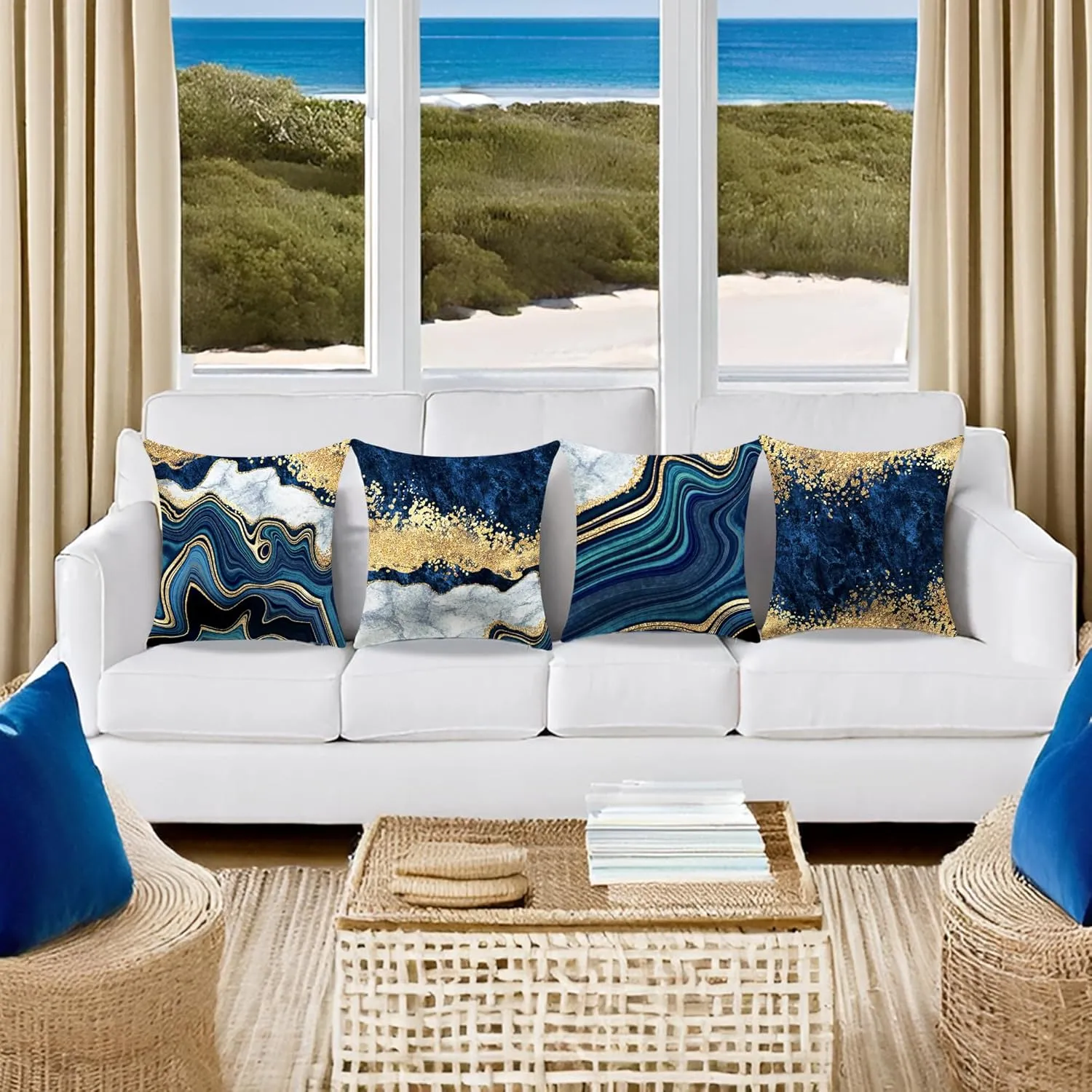 Navy Blue and Gold Throw Pillow Covers Set of 4 Decorative Pillows Covers 18 x 18 inch Blue and Gold Pillows Cushion Covers for Living Room Decor Sofa Couch Pillow Cases