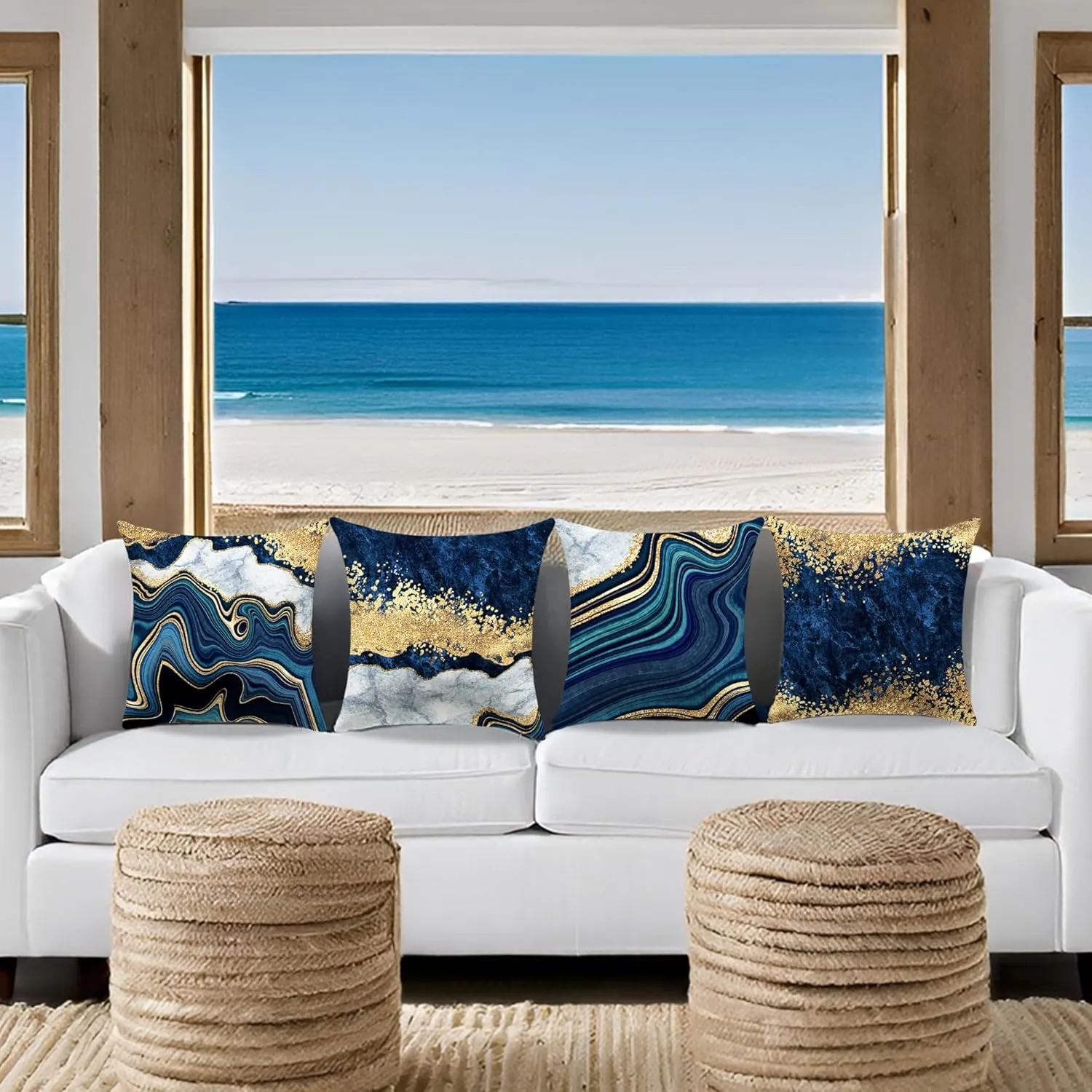 Navy Blue and Gold Throw Pillow Covers Set of 4 Decorative Pillows Covers 18 x 18 inch Blue and Gold Pillows Cushion Covers for Living Room Decor Sofa Couch Pillow Cases