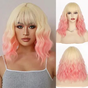NAYOO Blonde Pink Wavy Bob Wig with Bangs, 14 Inch Short Blonde Pink Wig for Women, Shoulder Length Short Ombre Wig with Bangs, Glueless Short Bob Wig for Women, Girls' Halloween Wig Costume Wig