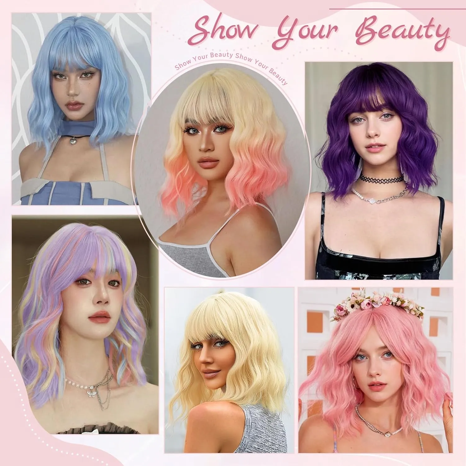 NAYOO Blonde Pink Wavy Bob Wig with Bangs, 14 Inch Short Blonde Pink Wig for Women, Shoulder Length Short Ombre Wig with Bangs, Glueless Short Bob Wig for Women, Girls' Halloween Wig Costume Wig