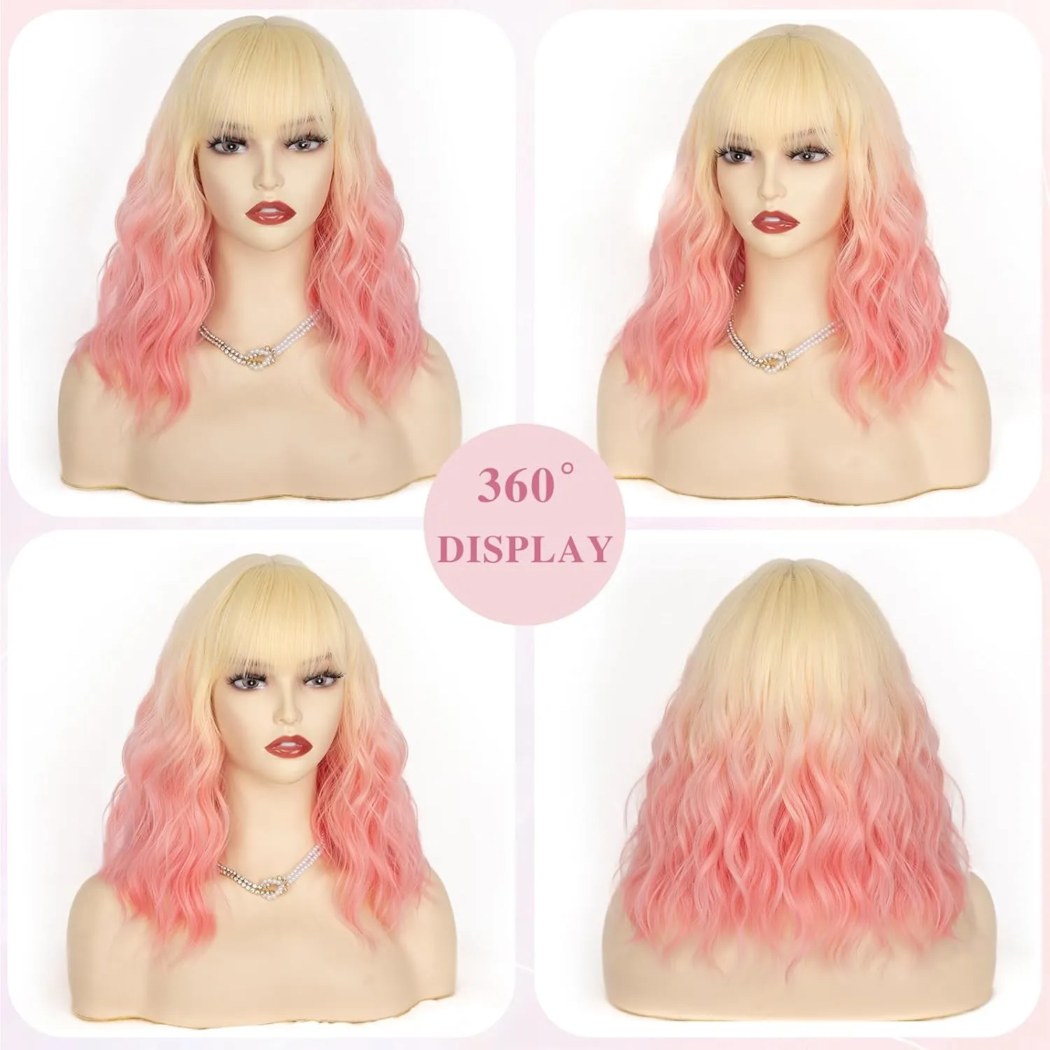 NAYOO Blonde Pink Wavy Bob Wig with Bangs, 14 Inch Short Blonde Pink Wig for Women, Shoulder Length Short Ombre Wig with Bangs, Glueless Short Bob Wig for Women, Girls' Halloween Wig Costume Wig