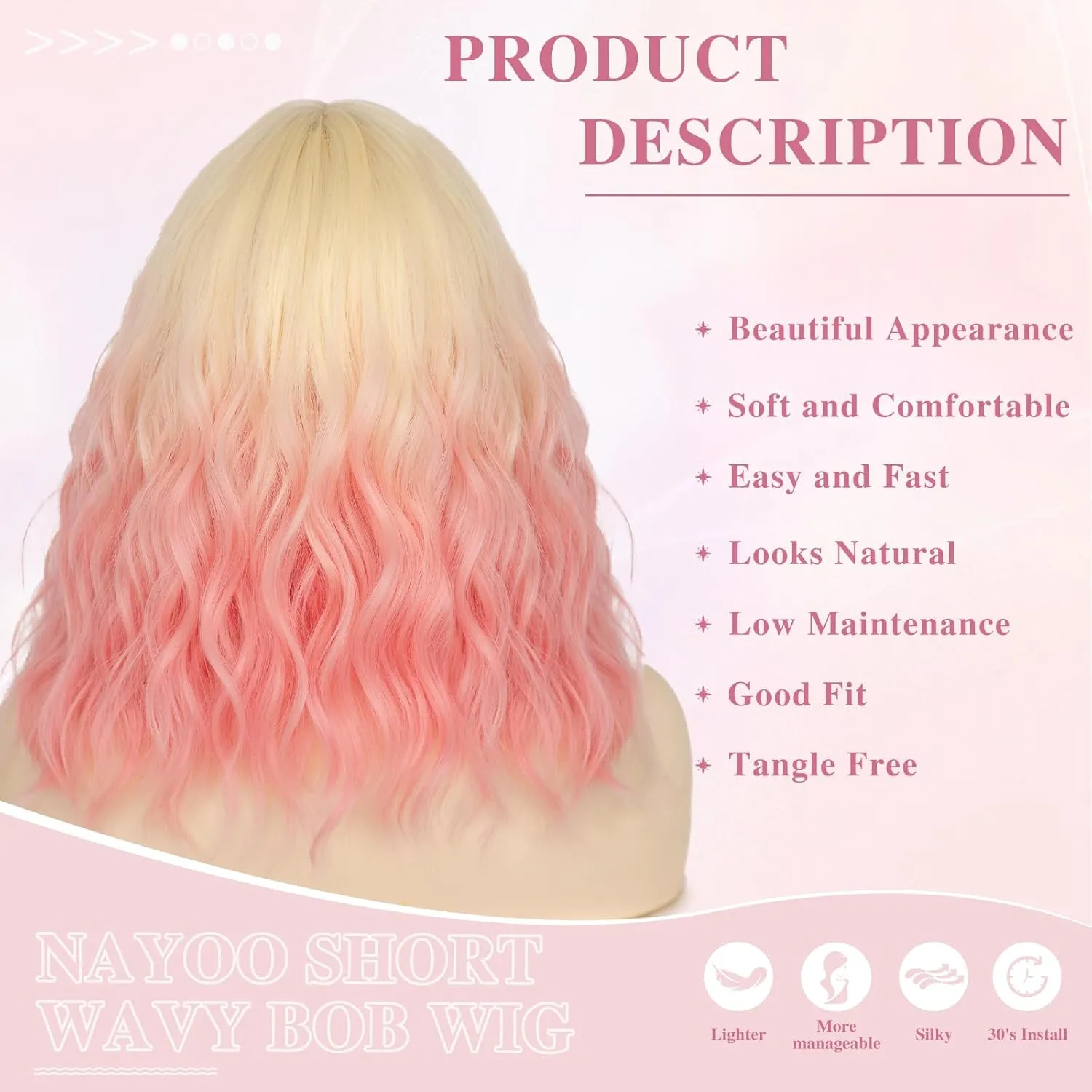 NAYOO Blonde Pink Wavy Bob Wig with Bangs, 14 Inch Short Blonde Pink Wig for Women, Shoulder Length Short Ombre Wig with Bangs, Glueless Short Bob Wig for Women, Girls' Halloween Wig Costume Wig