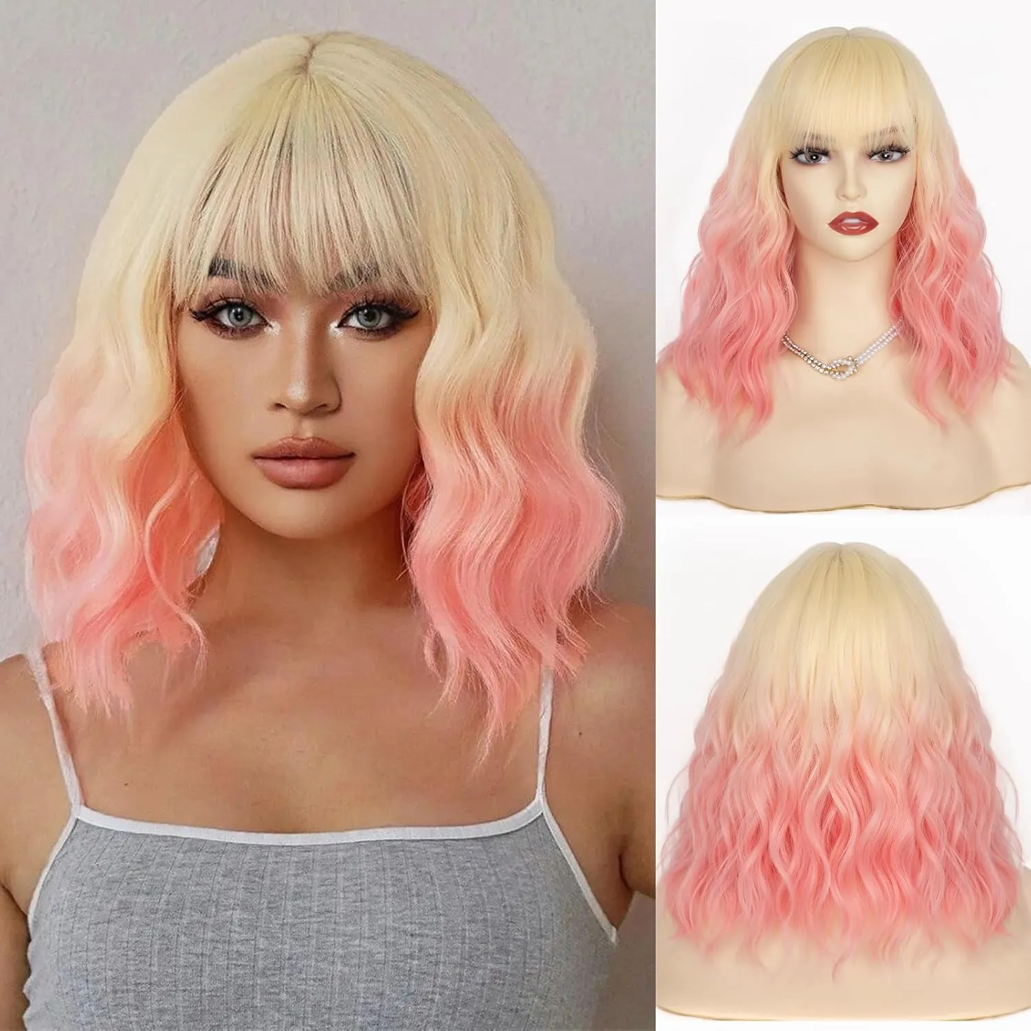 NAYOO Blonde Pink Wavy Bob Wig with Bangs, 14 Inch Short Blonde Pink Wig for Women, Shoulder Length Short Ombre Wig with Bangs, Glueless Short Bob Wig for Women, Girls' Halloween Wig Costume Wig