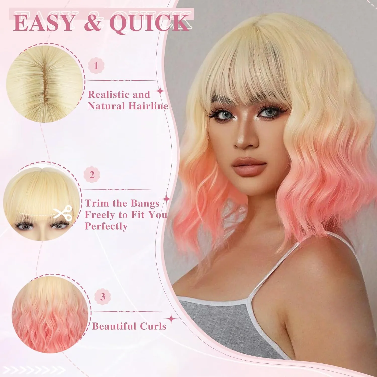 NAYOO Blonde Pink Wavy Bob Wig with Bangs, 14 Inch Short Blonde Pink Wig for Women, Shoulder Length Short Ombre Wig with Bangs, Glueless Short Bob Wig for Women, Girls' Halloween Wig Costume Wig