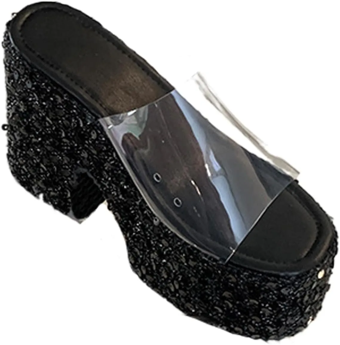 NELSBREXWomen'S Sequined Chunky Wedge Platform Slip-On Transparent Slides Sandals Comfortable Chunky High Heel Clear Strap Non-Slip Sexy Round Toe Shiny Mule Sandals for Prom Wedding