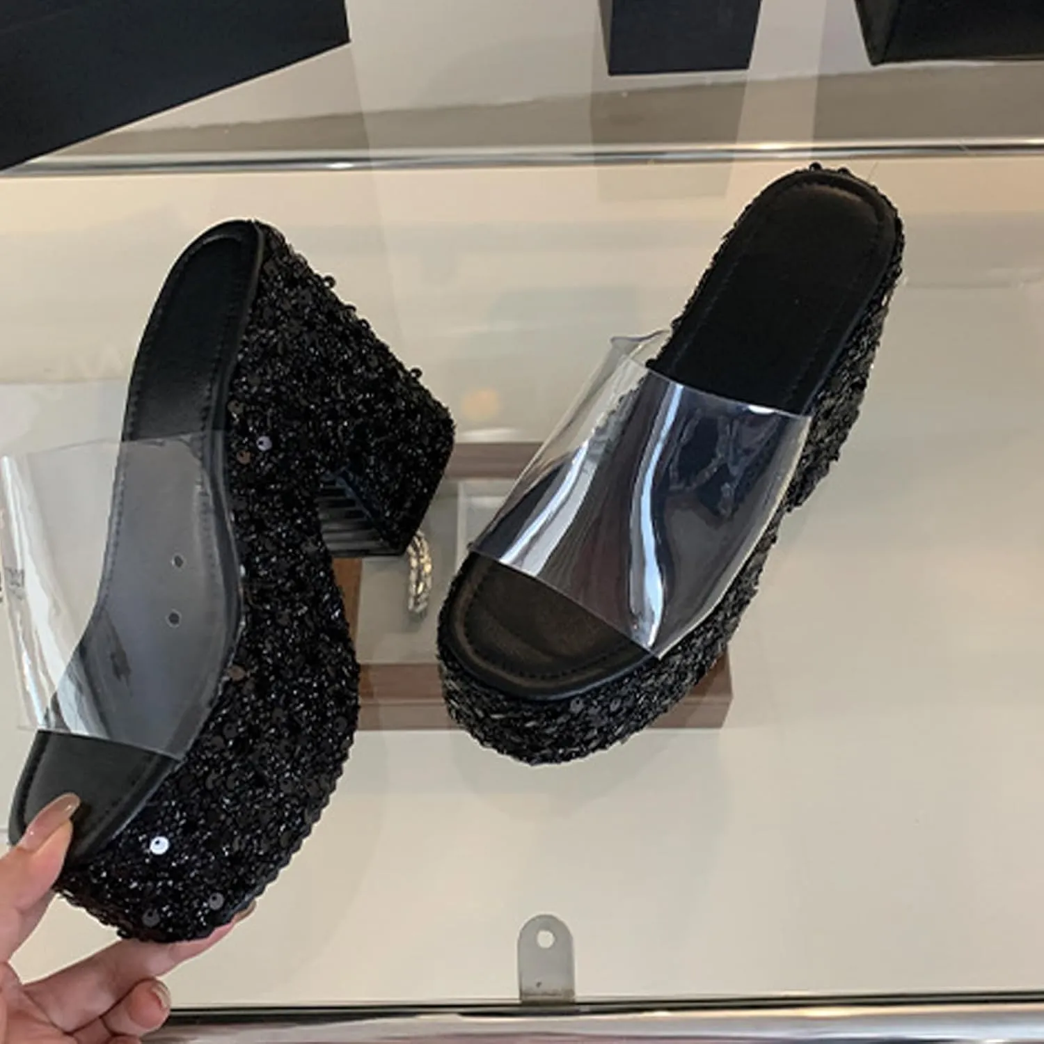 NELSBREXWomen'S Sequined Chunky Wedge Platform Slip-On Transparent Slides Sandals Comfortable Chunky High Heel Clear Strap Non-Slip Sexy Round Toe Shiny Mule Sandals for Prom Wedding