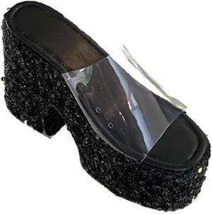 NELSBREXWomen'S Sequined Chunky Wedge Platform Slip-On Transparent Slides Sandals Comfortable Chunky High Heel Clear Strap Non-Slip Sexy Round Toe Shiny Mule Sandals for Prom Wedding