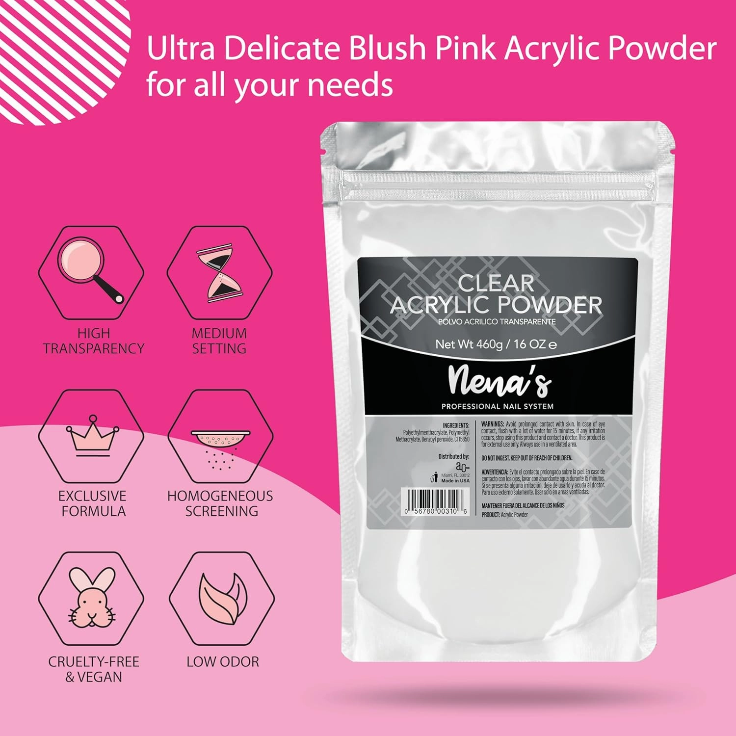 Nena's Superior Sculpting Powder Professional Acrylic Nail System Clear Blush Pink Medium Pink 16 oz 460 g (Clear)