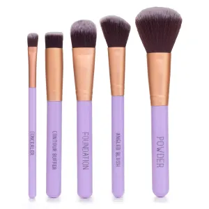 Nicole Miller Makeup Brush Collection, 5 Piece Makeup Brush Set, Powder Brush, Foundation Brush, Concealer Brush, Angled Blush Brush and Contour Buffer (Purple)