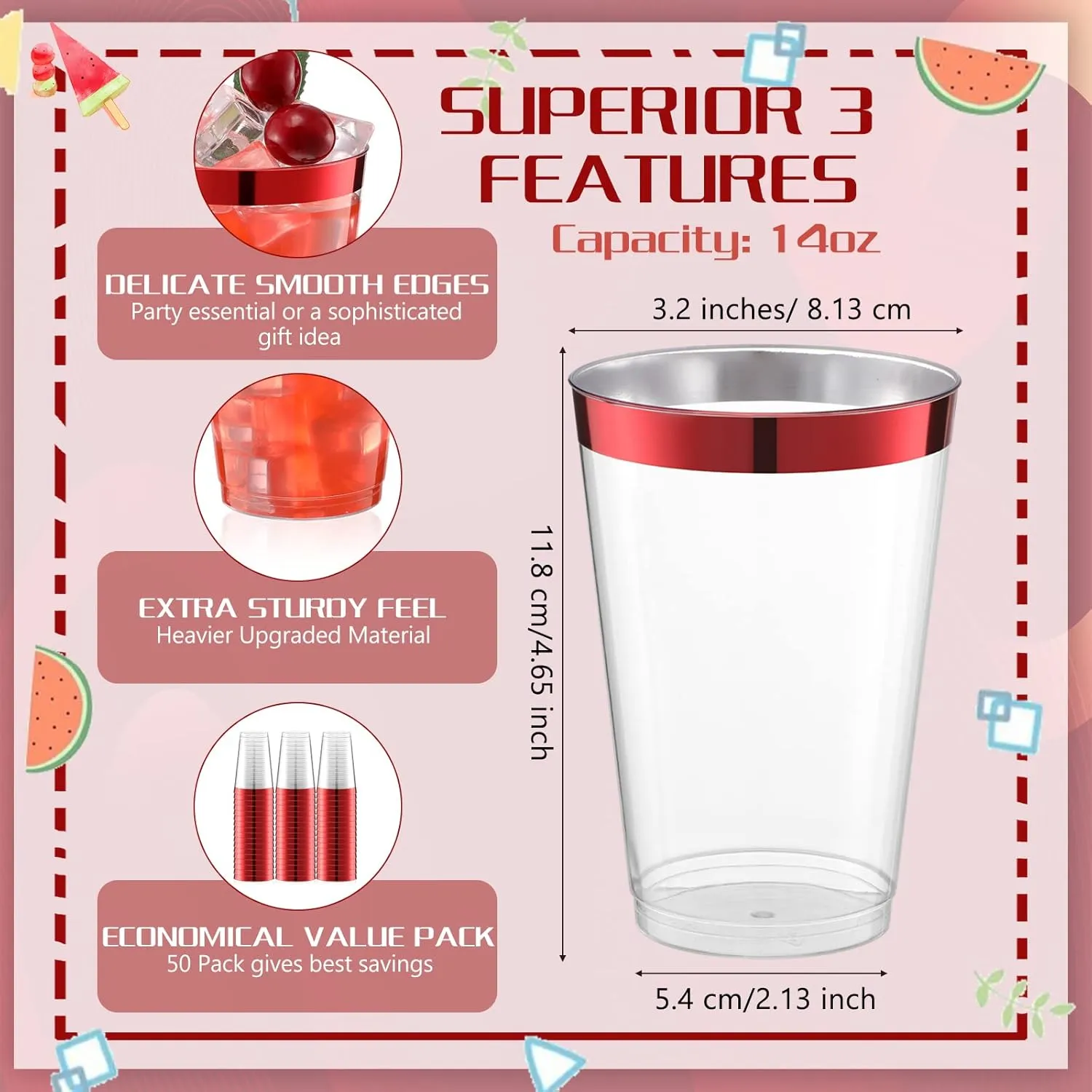 Norme 50 Pcs 14 oz Rimmed Plastic Cups Disposable Clear Cups with Rim Fancy Holiday Drinking Holder 2025 Graduation Party Favor Container Wine Glasses Tumblers for Wedding Halloween(Red)
