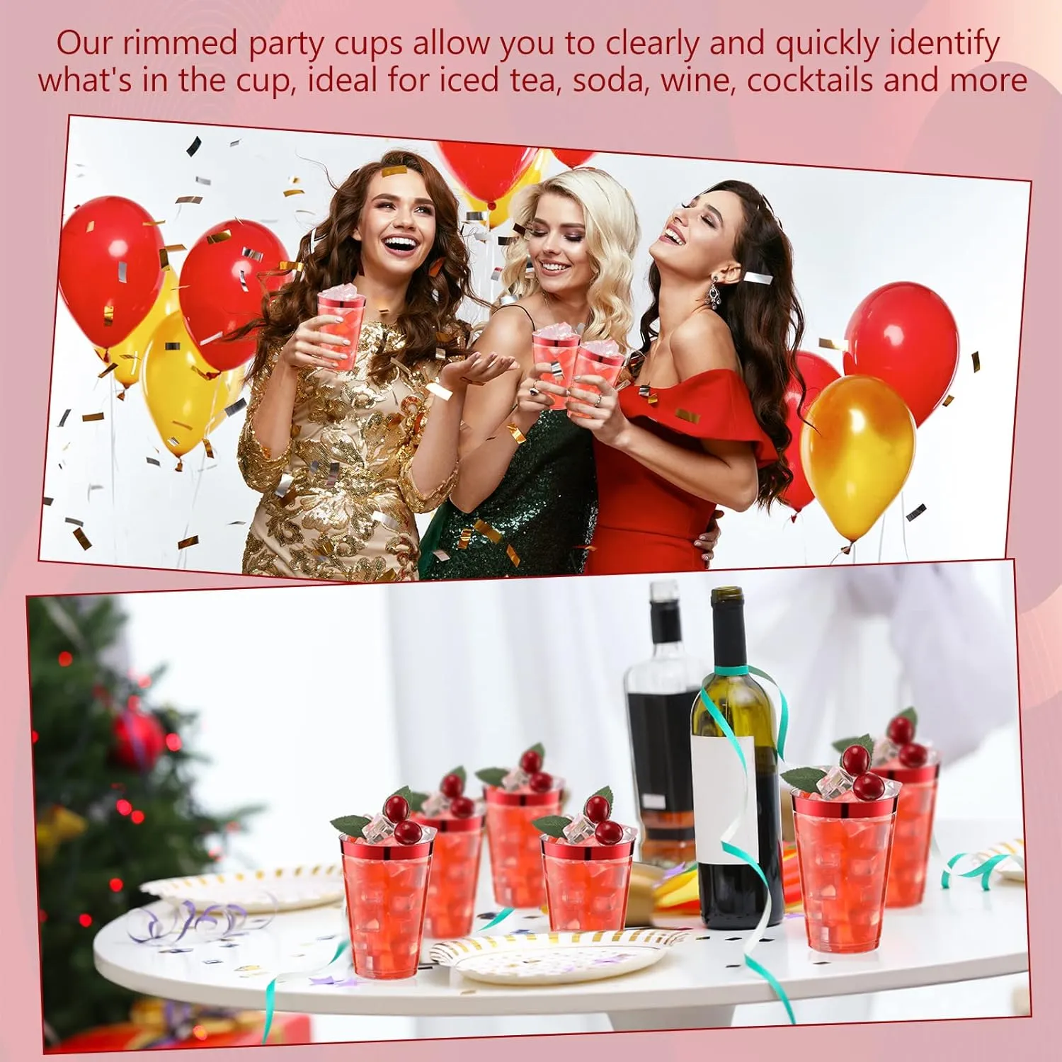 Norme 50 Pcs 14 oz Rimmed Plastic Cups Disposable Clear Cups with Rim Fancy Holiday Drinking Holder 2025 Graduation Party Favor Container Wine Glasses Tumblers for Wedding Halloween(Red)