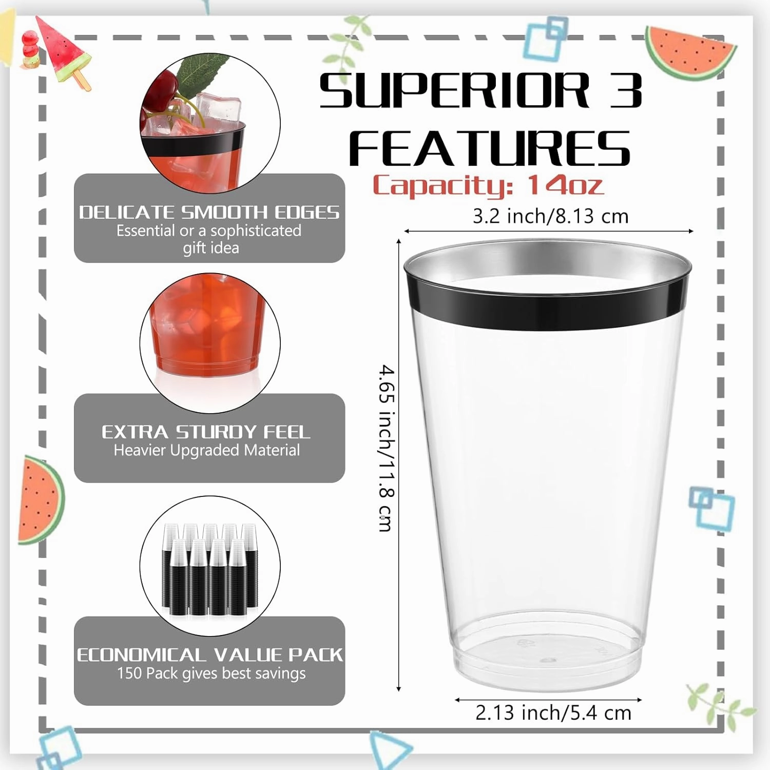 Norme 50 Pcs 14 oz Rimmed Plastic Cups Disposable Clear Cups with Rim Fancy Holiday Drinking Holder 2025 Graduation Party Favor Container Wine Glasses Tumblers for Wedding Halloween(Black)