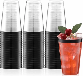 Norme 50 Pcs 14 oz Rimmed Plastic Cups Disposable Clear Cups with Rim Fancy Holiday Drinking Holder 2025 Graduation Party Favor Container Wine Glasses Tumblers for Wedding Halloween(Black)