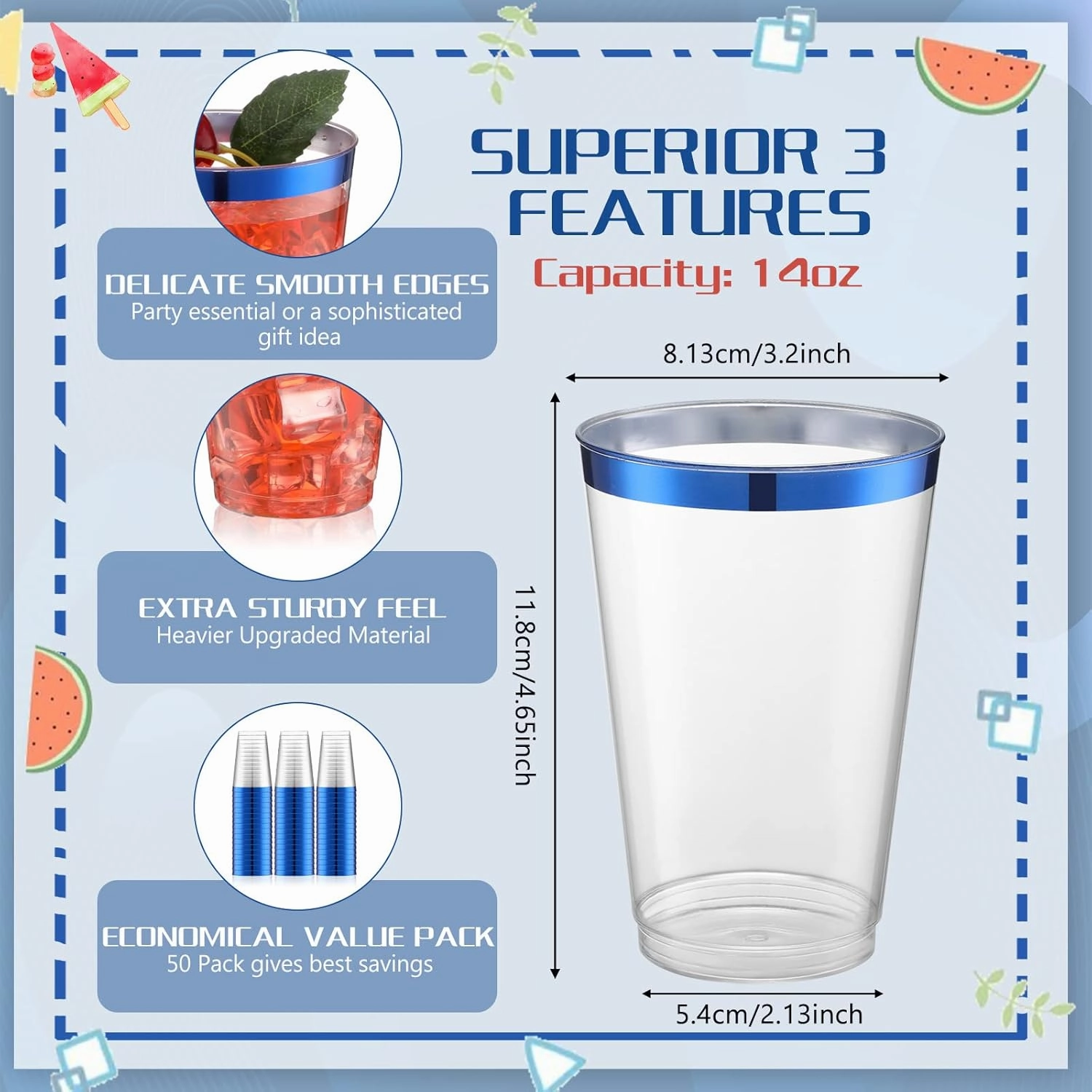Norme 50 Pcs 14 oz Rimmed Plastic Cups Disposable Clear Cups with Rim Fancy Holiday Drinking Holder 2025 Graduation Party Favor Container Wine Glasses Tumblers for Wedding Halloween(Blue)