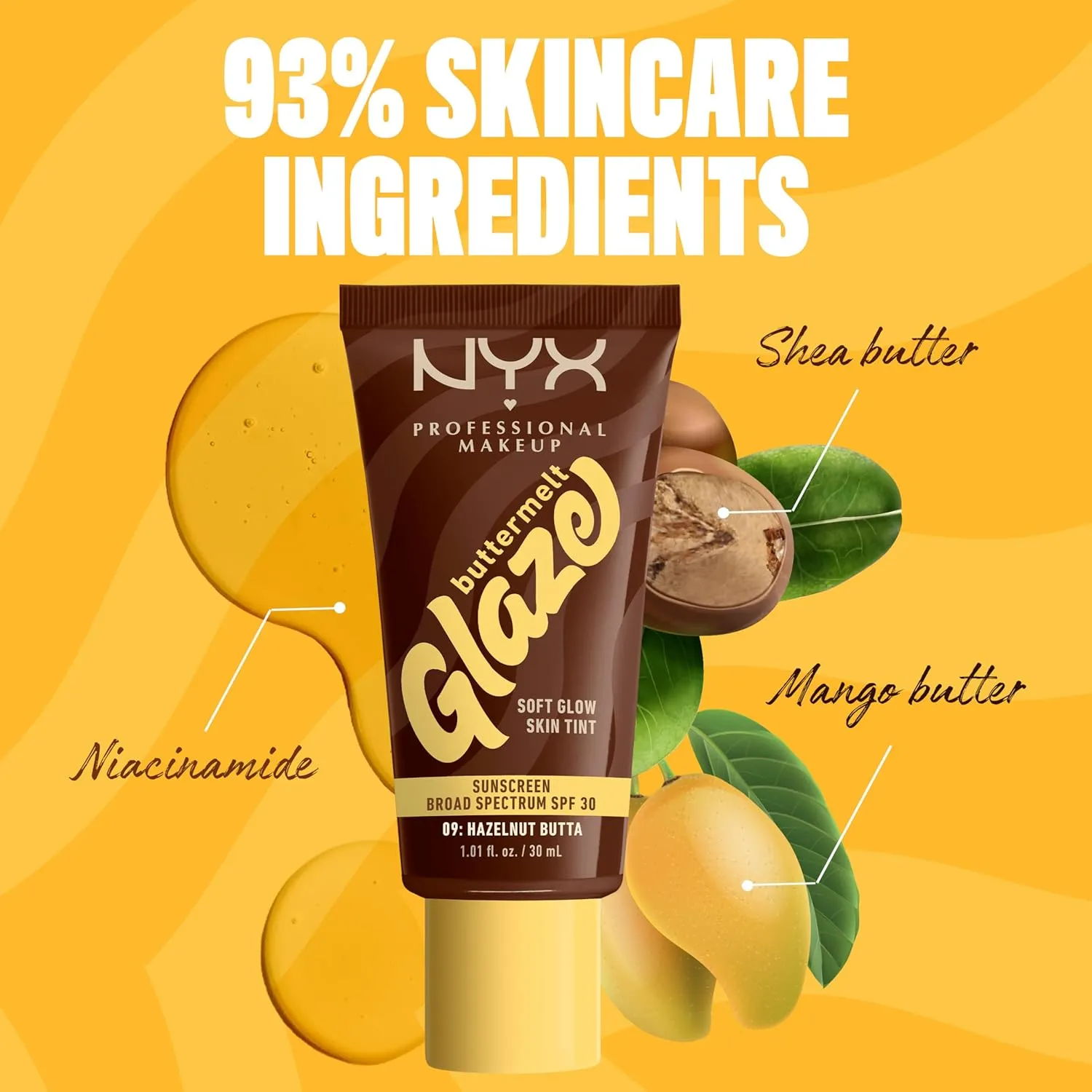 NYX PROFESSIONAL MAKEUP Buttermelt Glaze Soft Glow Skin Tint   SPF 30, Up To 12HR Wear, 09 Hazelnut Butta