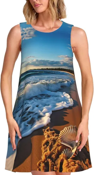 Ocean Sea Wave Seashell Print Womens Summer Dresses Loose Round Neck Sleeveless Sundresses Dress with Pockets
