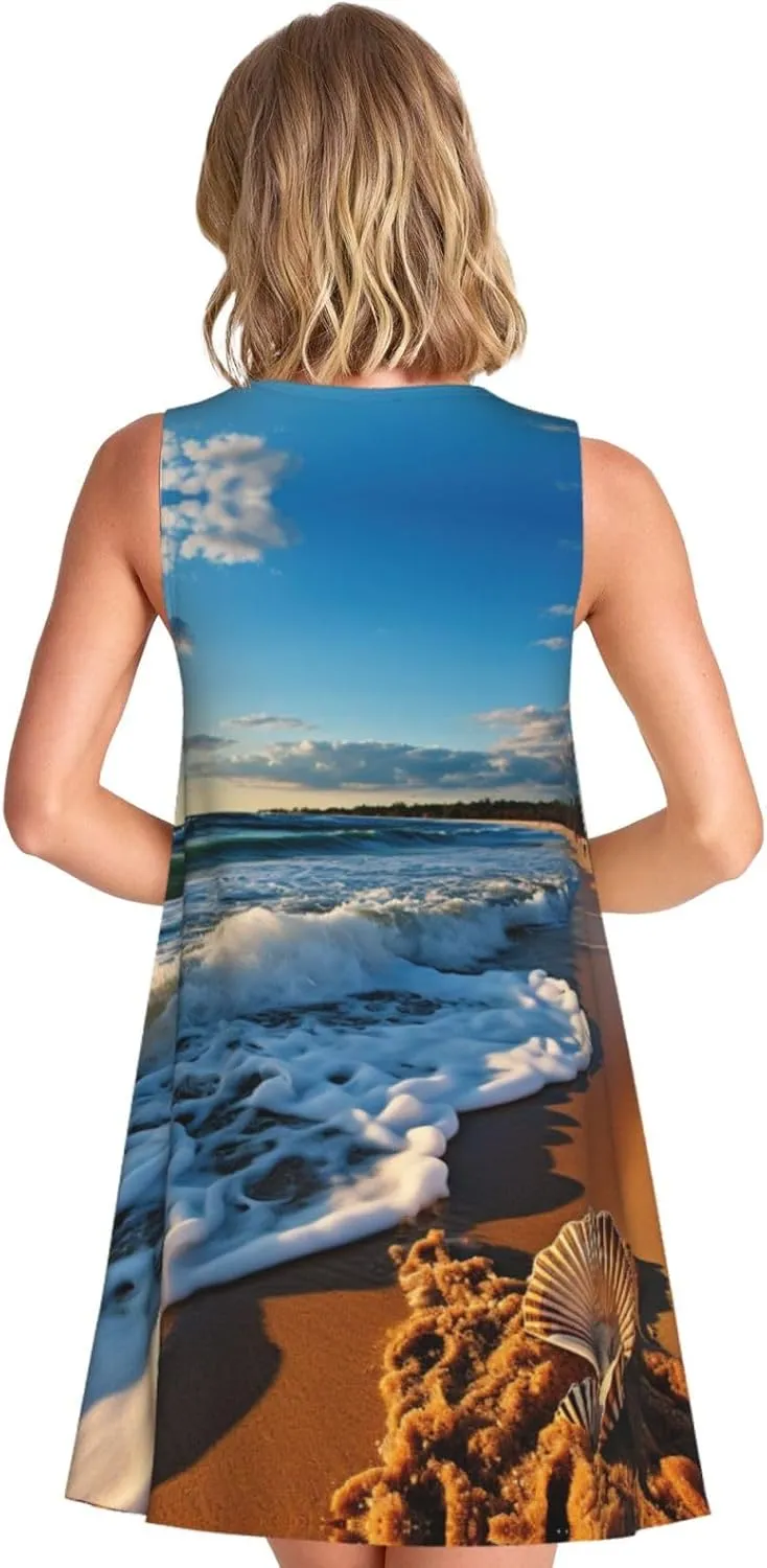 Ocean Sea Wave Seashell Print Womens Summer Dresses Loose Round Neck Sleeveless Sundresses Dress with Pockets