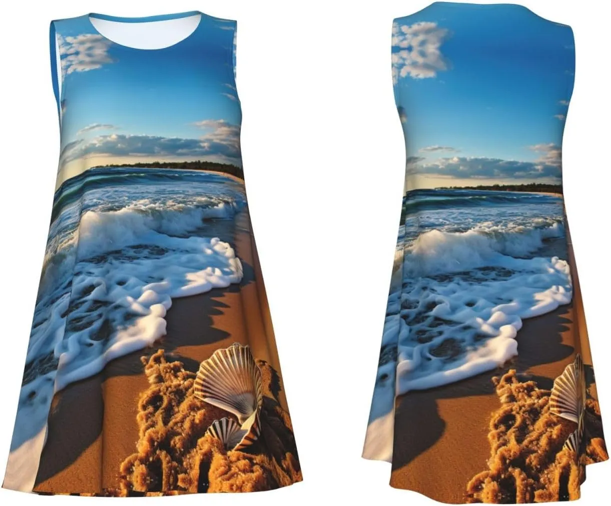 Ocean Sea Wave Seashell Print Womens Summer Dresses Loose Round Neck Sleeveless Sundresses Dress with Pockets