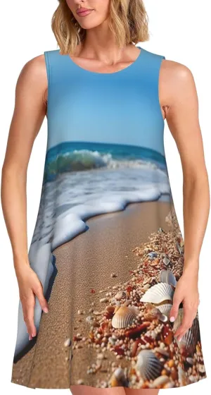 Ocean Sea Wave Seashell Print Womens Summer Dresses Loose Round Neck Sleeveless Sundresses Dress with Pockets