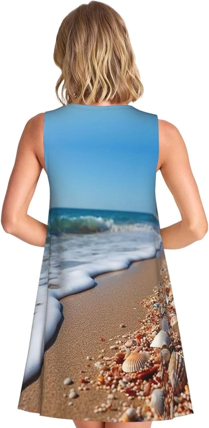 Ocean Sea Wave Seashell Print Womens Summer Dresses Loose Round Neck Sleeveless Sundresses Dress with Pockets
