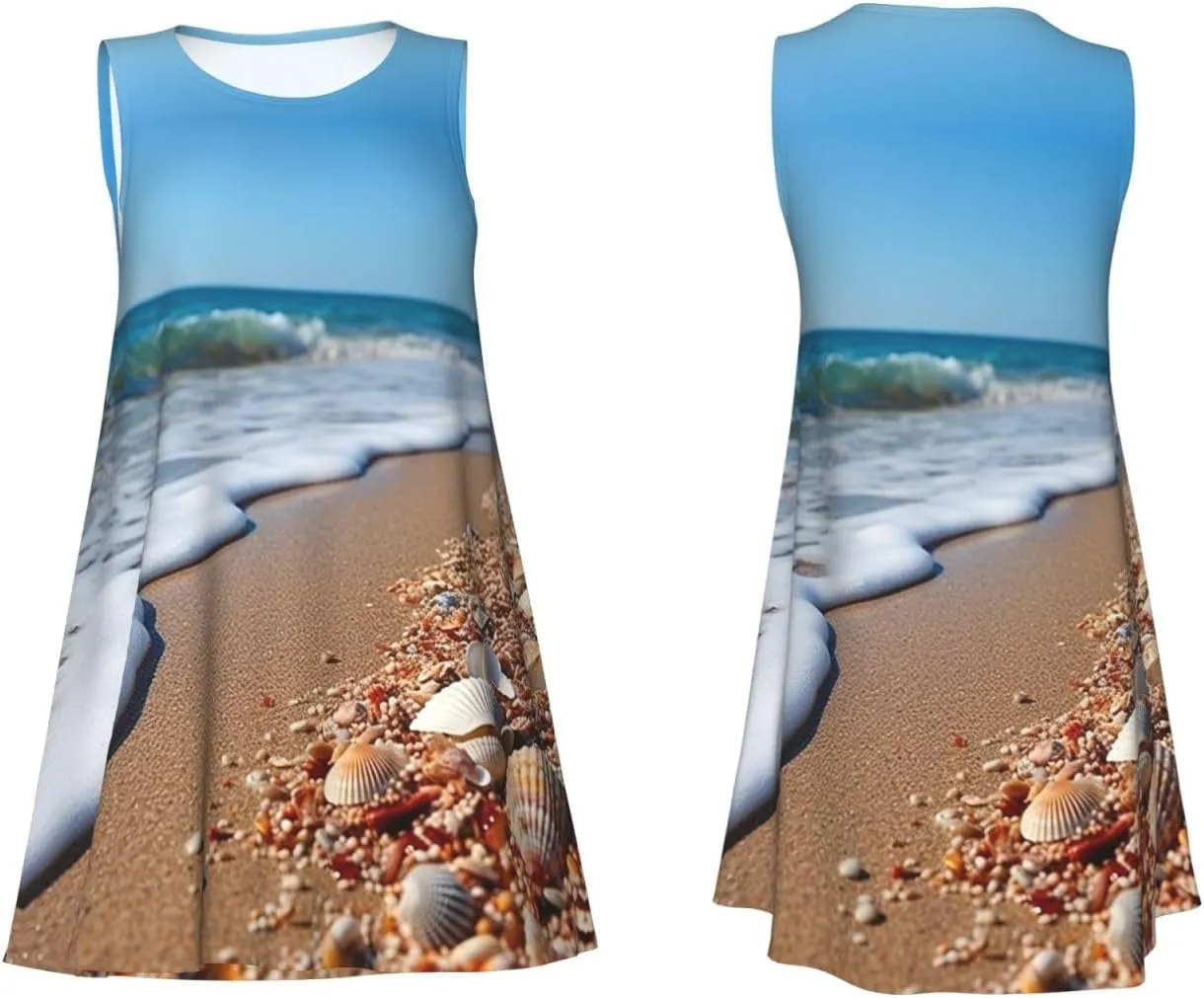 Ocean Sea Wave Seashell Print Womens Summer Dresses Loose Round Neck Sleeveless Sundresses Dress with Pockets