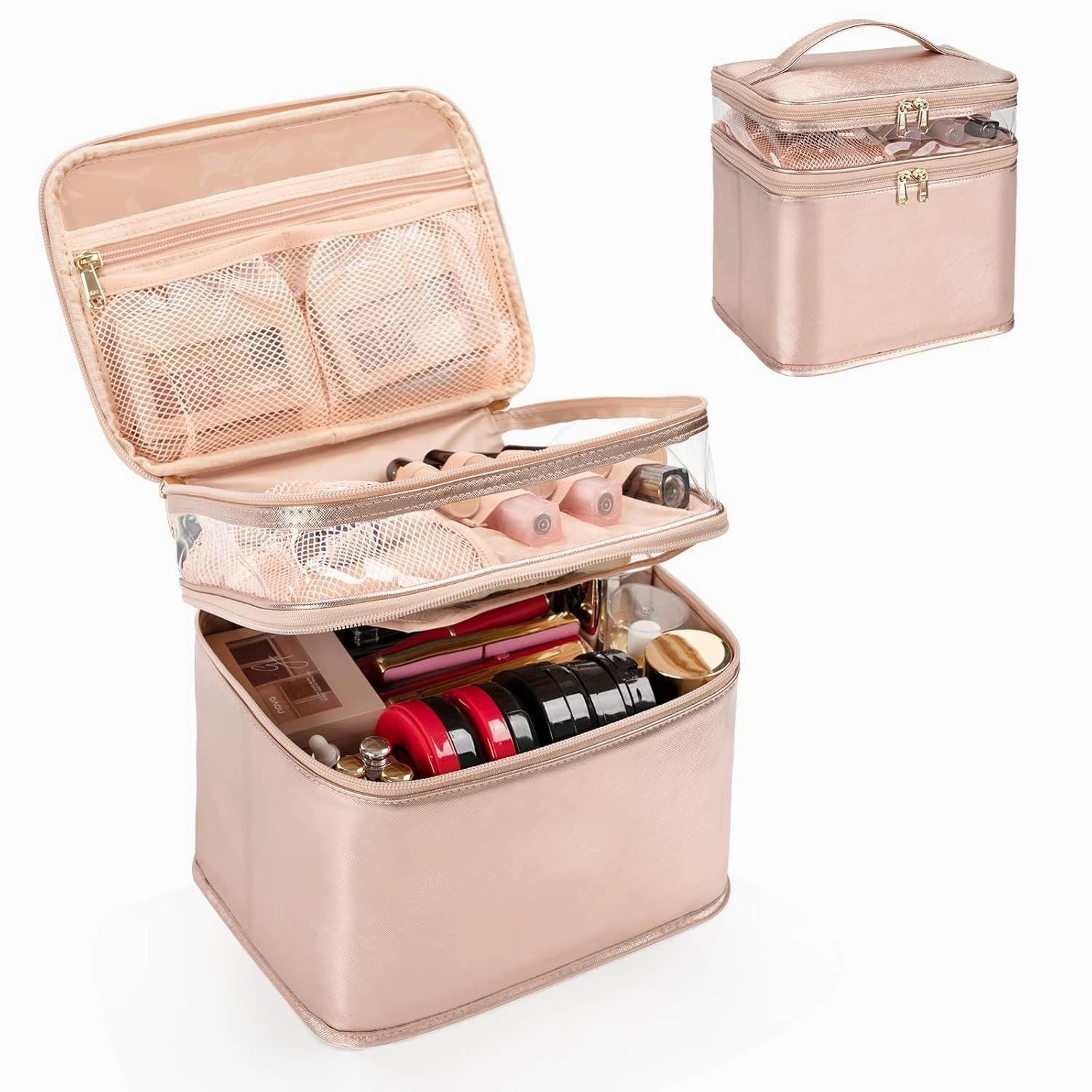 OCHEAL Large Makeup Bag, Double Layer Makeup Bag, Vertical Storage Cosmetic Case for Women/Girls with Multiple Compartments-Rose Gold