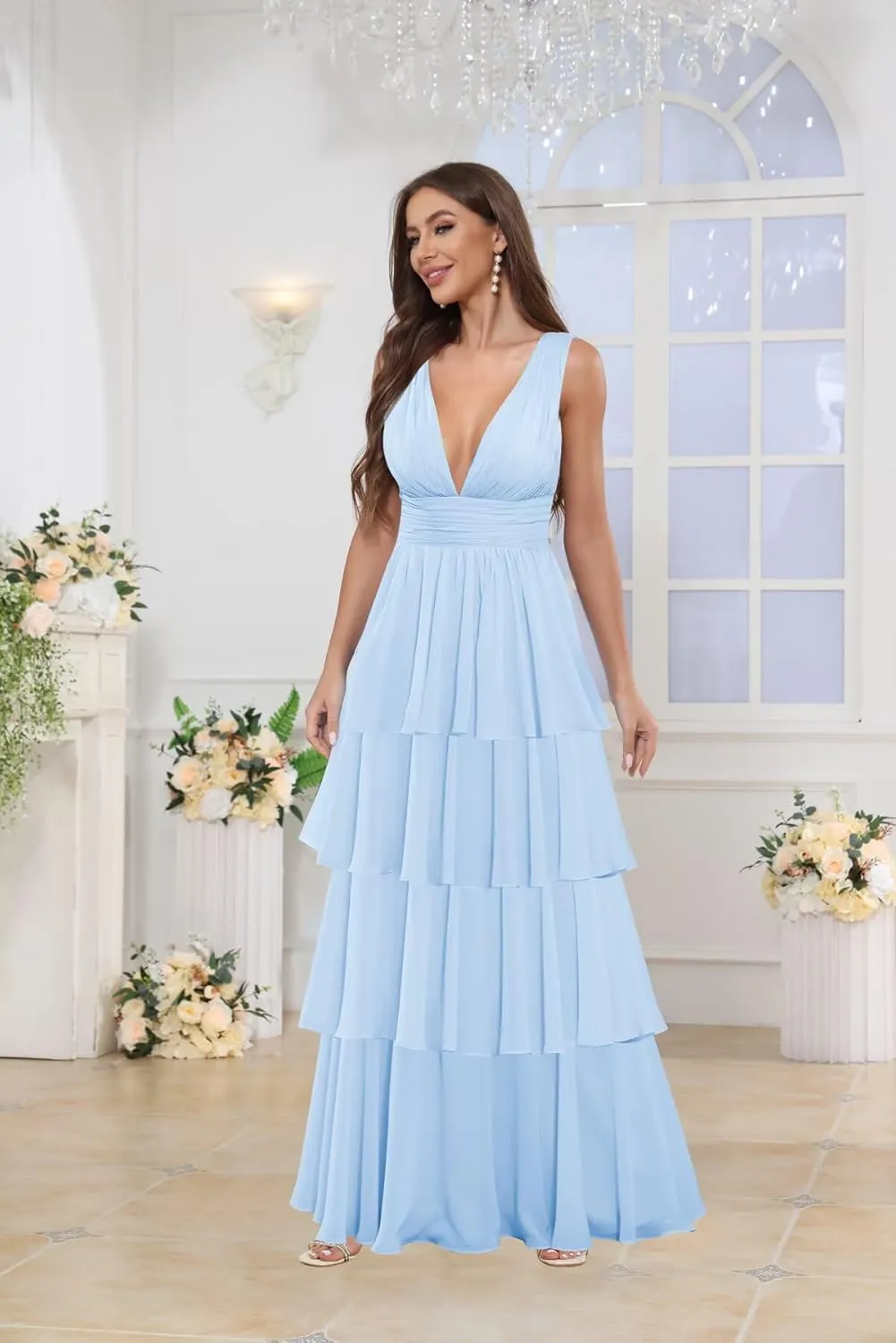 OFEYCHUN Ruffle Bridesmaid Dresses Tiered Prom Dresses 2025 Long Chiffon V Neck Formal Dress