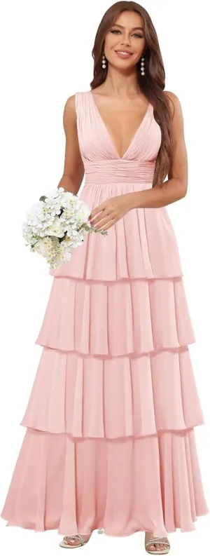 OFEYCHUN Ruffle Bridesmaid Dresses Tiered Prom Dresses 2025 Long Chiffon V Neck Formal Dress
