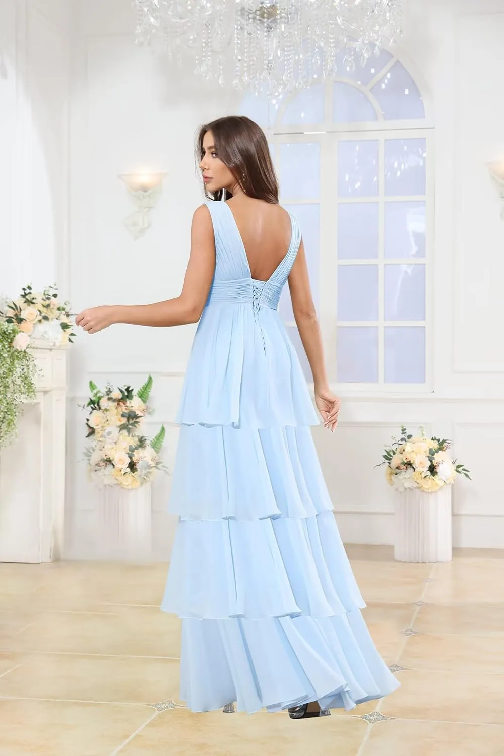 OFEYCHUN Ruffle Bridesmaid Dresses Tiered Prom Dresses 2025 Long Chiffon V Neck Formal Dress