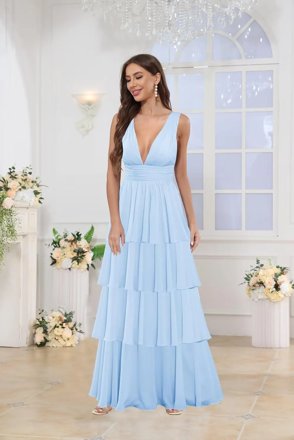 OFEYCHUN Ruffle Bridesmaid Dresses Tiered Prom Dresses 2025 Long Chiffon V Neck Formal Dress