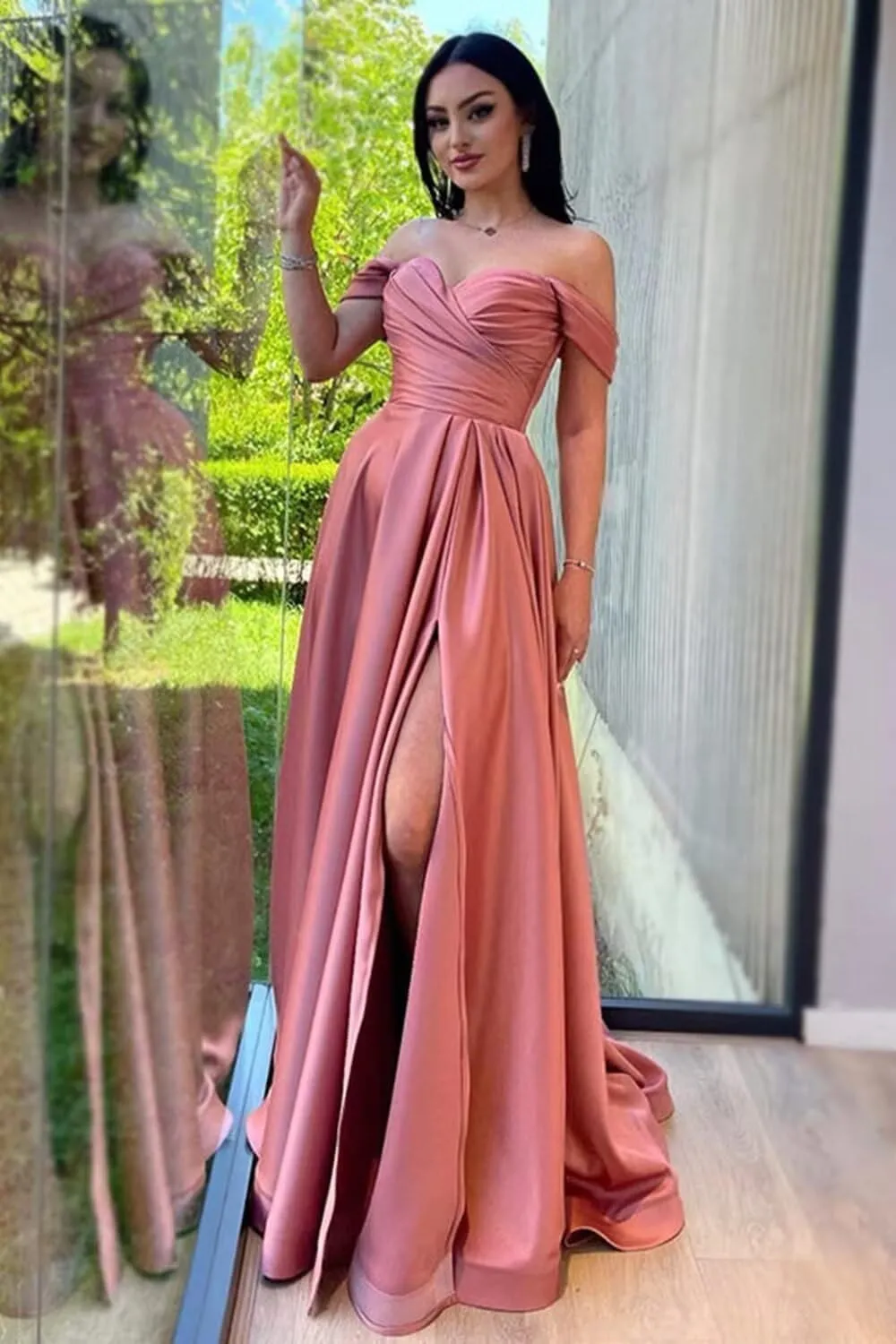 Off Shoulder Satin Bridesmaid Dress for Women Formal Prom Dresses 2025 for Wedding Guest Evening Party Gown BD401