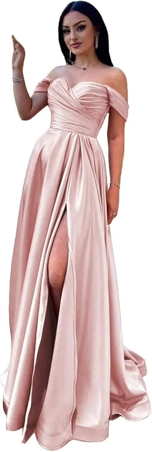 Off Shoulder Satin Bridesmaid Dress for Women Formal Prom Dresses 2025 for Wedding Guest Evening Party Gown BD401