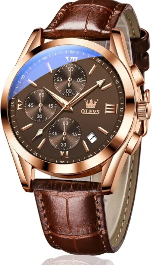 OLEVS Men's Chronograph Quartz Watches, Leather Strap Gold Case with Day Date, Waterproof Stainless Steel Wrist Watch, Luminous Hand Analog Watches for Men, Brown/Black/Blue/White Dial