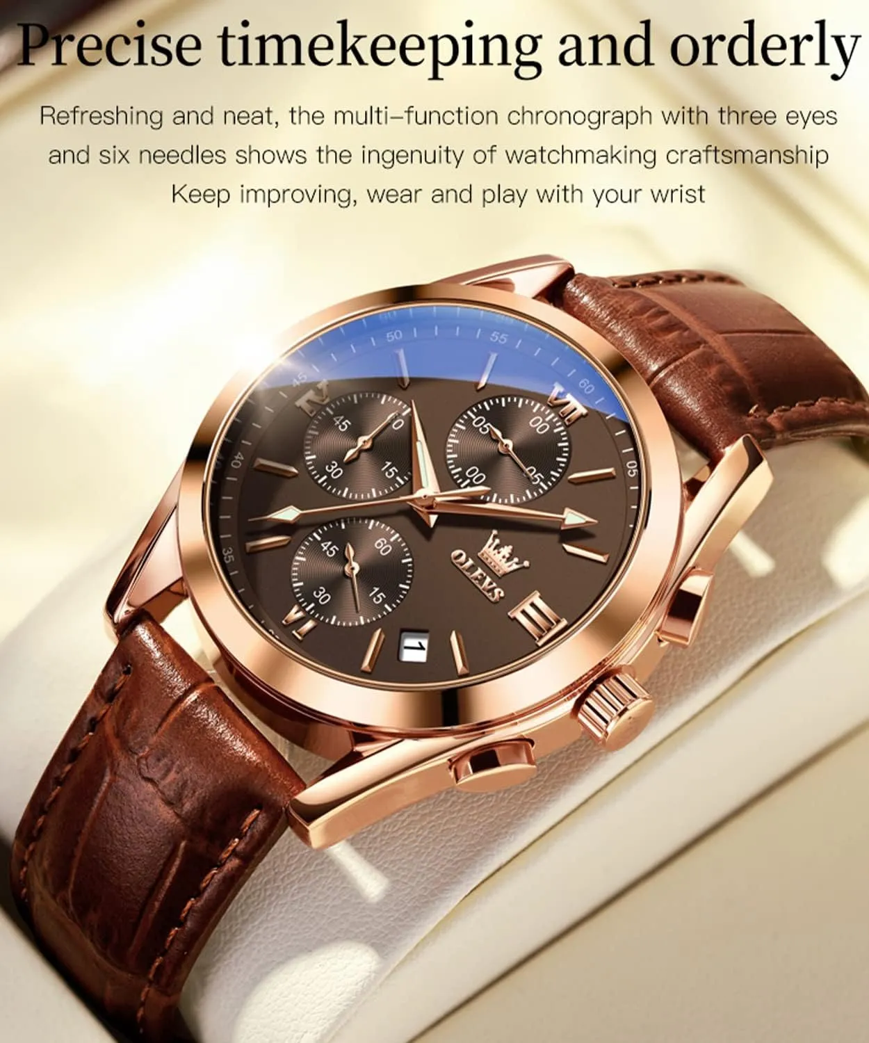 OLEVS Men's Chronograph Quartz Watches, Leather Strap Gold Case with Day Date, Waterproof Stainless Steel Wrist Watch, Luminous Hand Analog Watches for Men, Brown/Black/Blue/White Dial