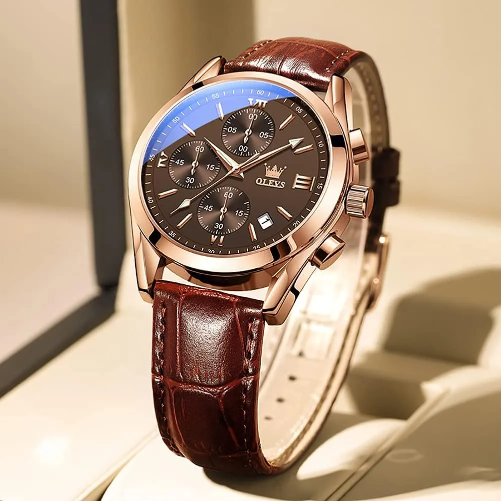 OLEVS Men's Chronograph Quartz Watches, Leather Strap Gold Case with Day Date, Waterproof Stainless Steel Wrist Watch, Luminous Hand Analog Watches for Men, Brown/Black/Blue/White Dial