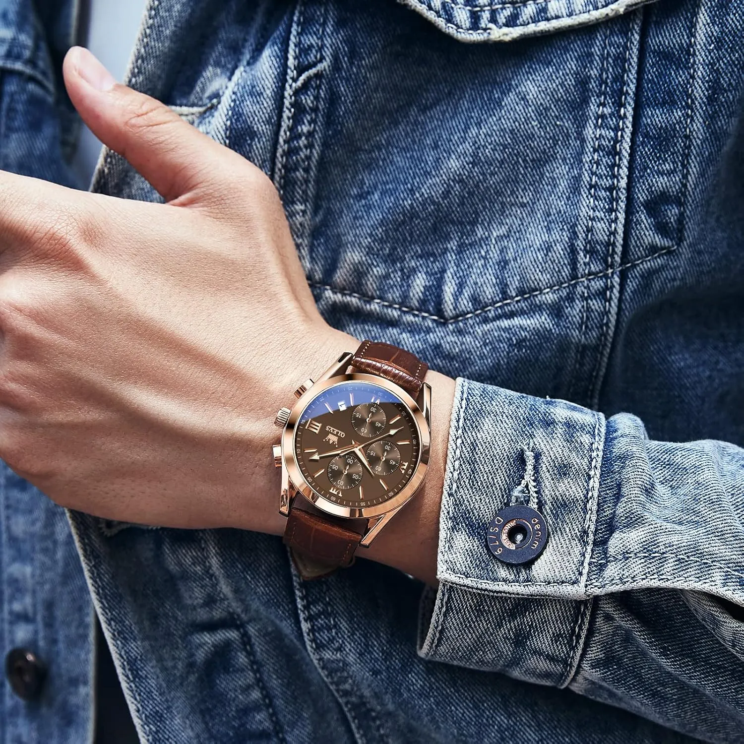 OLEVS Men's Chronograph Quartz Watches, Leather Strap Gold Case with Day Date, Waterproof Stainless Steel Wrist Watch, Luminous Hand Analog Watches for Men, Brown/Black/Blue/White Dial