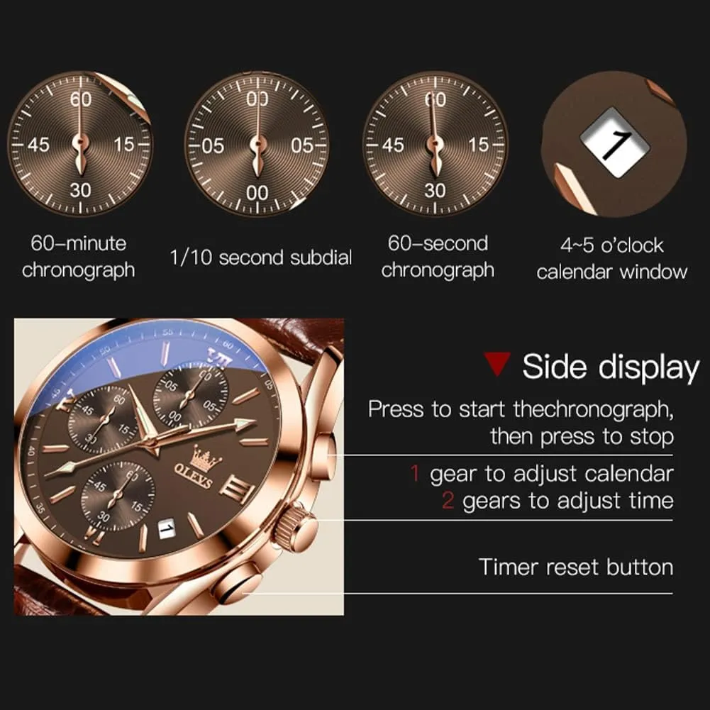 OLEVS Men's Chronograph Quartz Watches, Leather Strap Gold Case with Day Date, Waterproof Stainless Steel Wrist Watch, Luminous Hand Analog Watches for Men, Brown/Black/Blue/White Dial