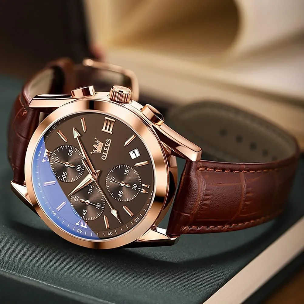 OLEVS Men's Chronograph Quartz Watches, Leather Strap Gold Case with Day Date, Waterproof Stainless Steel Wrist Watch, Luminous Hand Analog Watches for Men, Brown/Black/Blue/White Dial