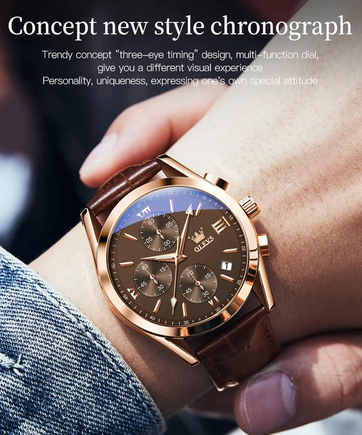 OLEVS Men's Chronograph Quartz Watches, Leather Strap Gold Case with Day Date, Waterproof Stainless Steel Wrist Watch, Luminous Hand Analog Watches for Men, Brown/Black/Blue/White Dial