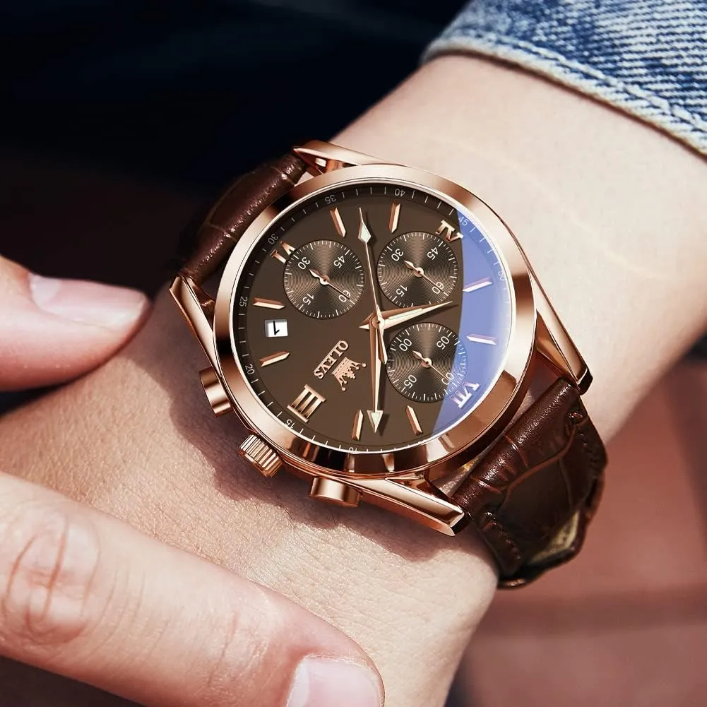 OLEVS Men's Chronograph Quartz Watches, Leather Strap Gold Case with Day Date, Waterproof Stainless Steel Wrist Watch, Luminous Hand Analog Watches for Men, Brown/Black/Blue/White Dial
